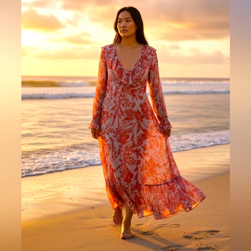 NWT Anthropologie Chiffon Ruffle V-Neck Hawaiian Floral Long Sleeve Maxi Dress